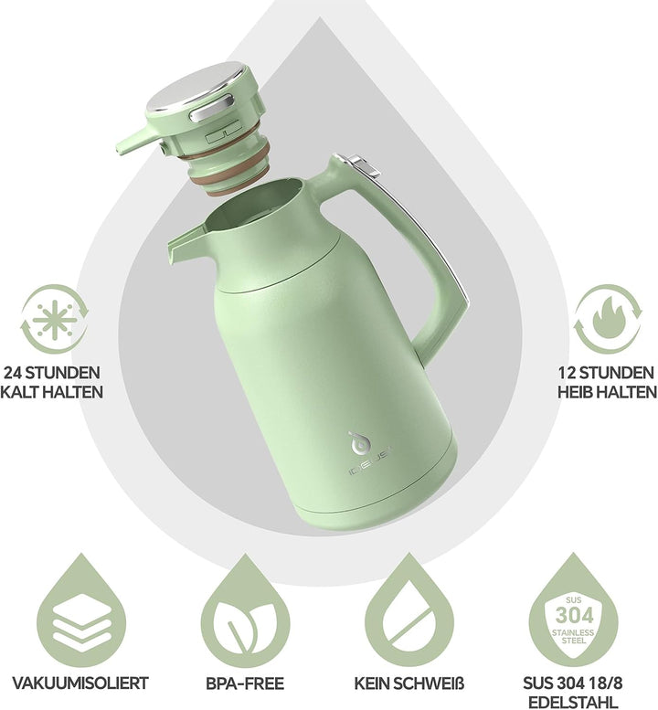 IDEUS® Thermoskanne 2l, Edelstahl Doppelwandige Kaffeekanne Vakuumisolierung Isolierkanne Warmhaltek