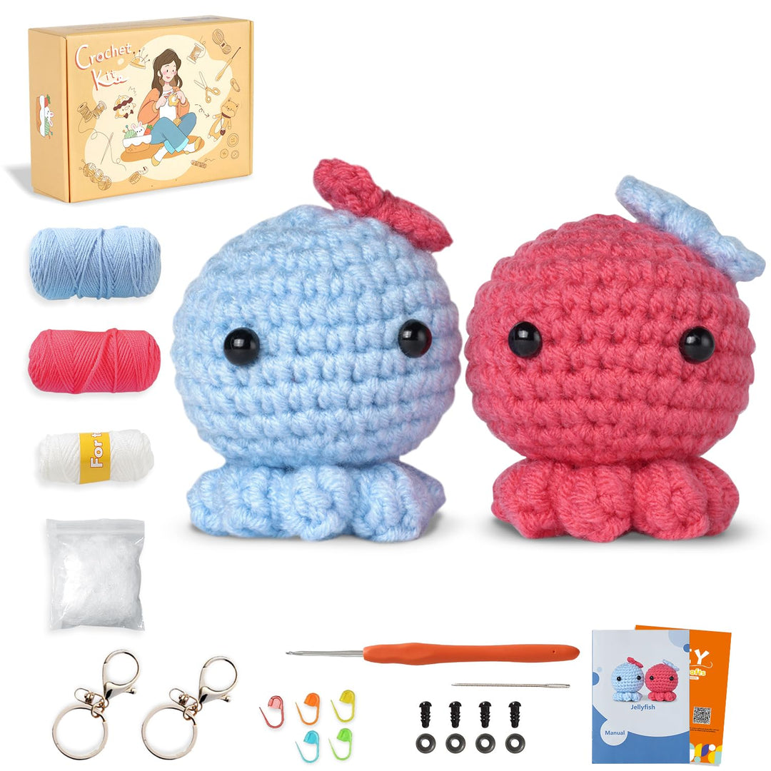 Ktmeor Häkelset für Anfänger, Häkeltier-Set, 2 Oktopus für Erwachsene und Kinder, mit Schritt-für-Sc