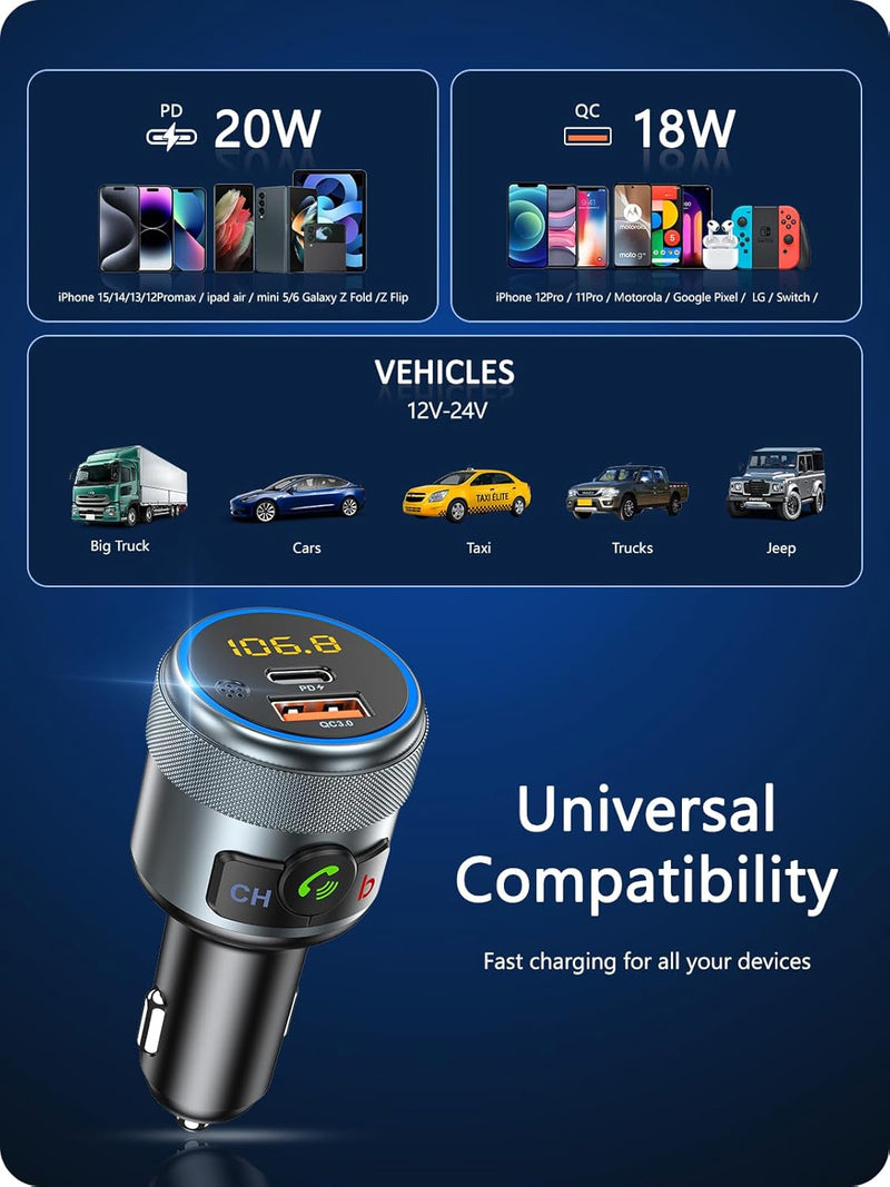 LENCENT Auto Bluetooth FM Transmitter, Wireless Bluetooth FM Radio Adapter Drahtloses Bluetooth Radi