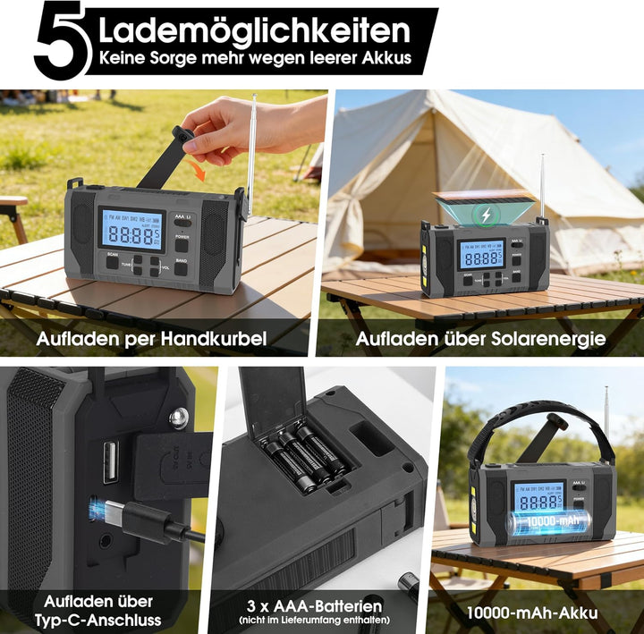 Notfall-Solar Radio, 10000mAh Notfall Kurbelradio, AM/FM Radio, Taschenlampe+ Leselicht, SOS-Alarm,