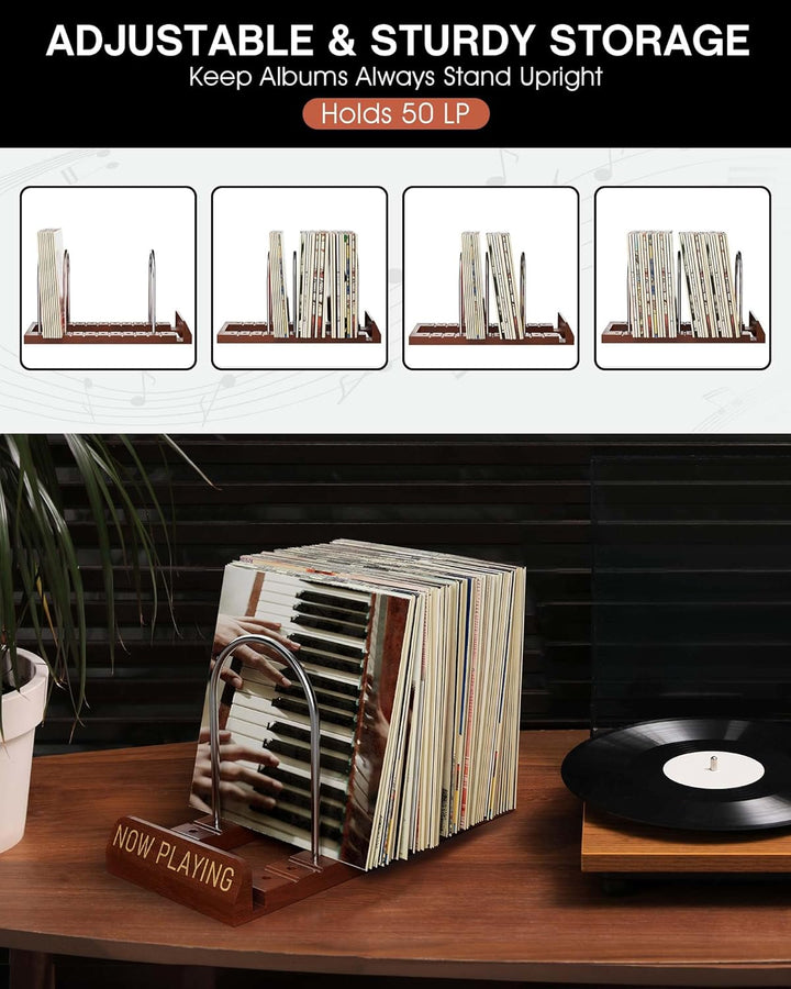 Now Playing Vinyl-Schallplattenständer, 50 LP Schallplattenaufbewahrung mit rutschfesten Rillen, Hol