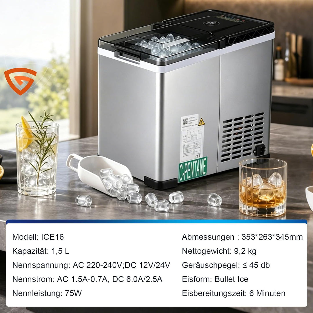 Tragbarer Eiswürfelbereiter ICE16 mit Kompressor, Eiswürfelmaschine 12V 24V 230V, Eiswürfel in 6 Min