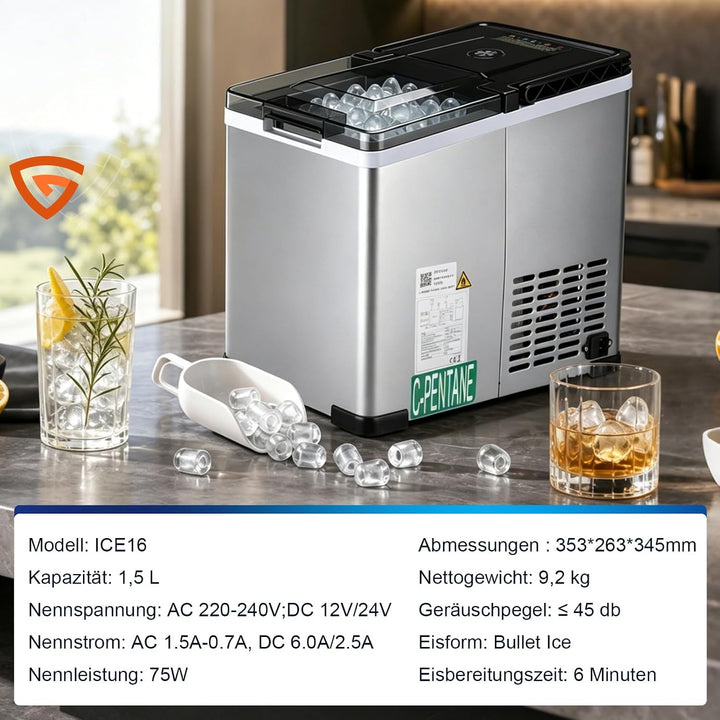 Tragbarer Eiswürfelbereiter ICE16 mit Kompressor, Eiswürfelmaschine 12V 24V 230V, Eiswürfel in 6 Min