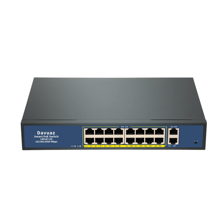 Davuaz Gigabit PoE-Switch mit 16 Ports und 2 Gigabit Uplink, IEEE802.3af/at konform, bis zu 250 W, P