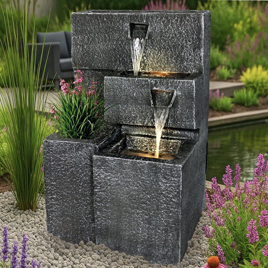 Arnusa Springbrunnen Grada Bepflanzbar mit LED Beleuchtung, Wasserfall Gartenbrunnen Kaskade