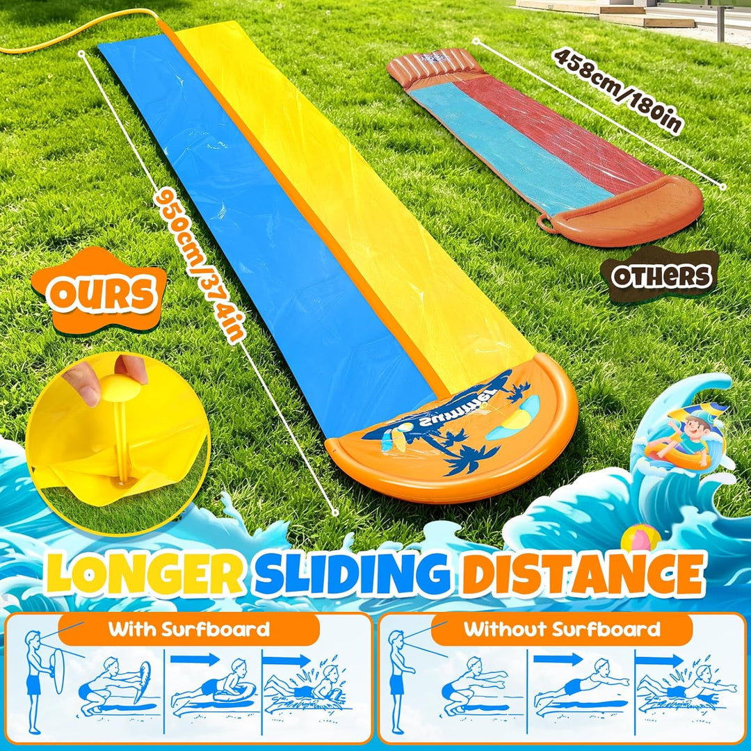JONRRYIN 950cm Wasserrutsche, Extra Lange Doppel Garten Wasserrutsche mit 2 Aufblasbare Boards 1.55m