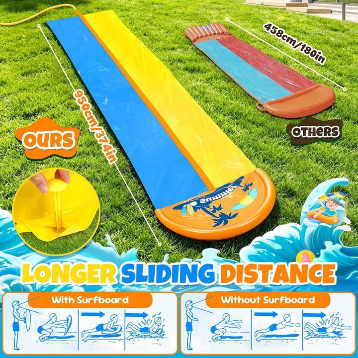 JONRRYIN 950cm Wasserrutsche, Extra Lange Doppel Garten Wasserrutsche mit 2 Aufblasbare Boards 1.55m