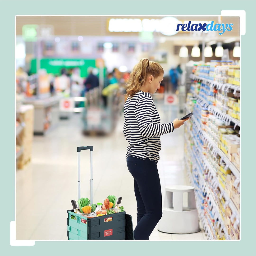 Relaxdays Einkaufstrolley, klappbar, Einkaufskorb mit Rollen, Deckel & Teleskopgriff, bis 35 kg, Rol