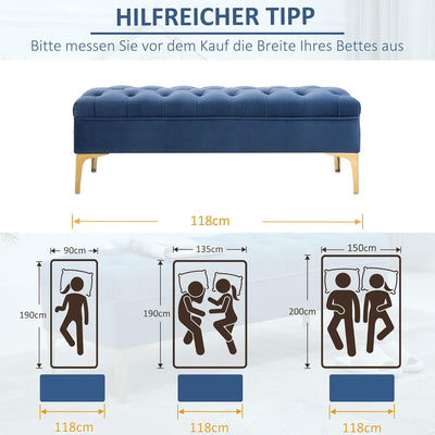 HOMCOM Sitzbank, Bettbank, Schuhbank mit erhöhten Beine, Schlafzimmer, Samt Blau 118 x 45 x 42 cm Bl