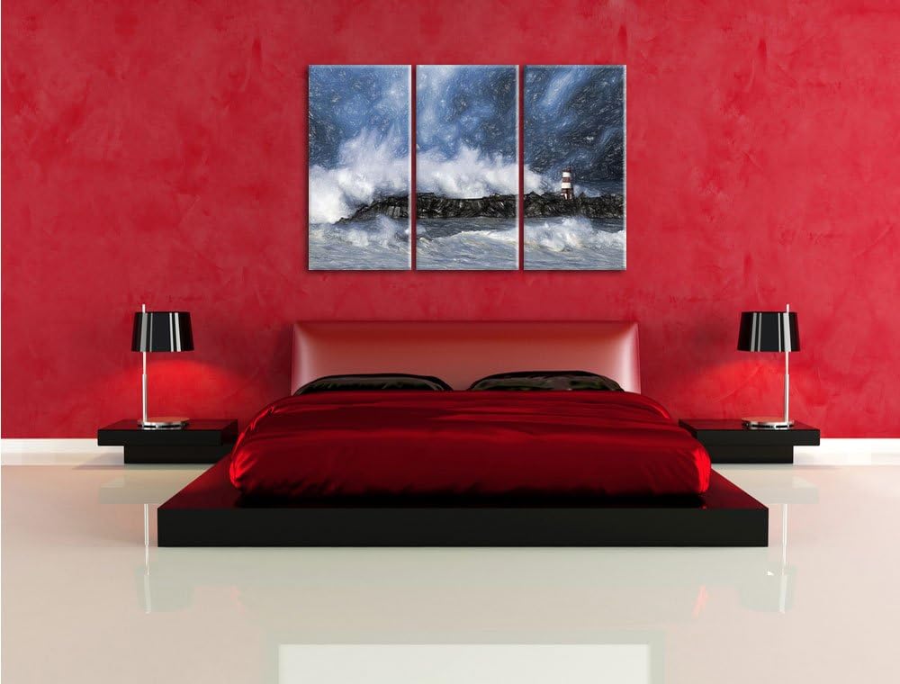 Pixxprint Tobendes Meer mit Leuchtturm als Leinwandbild/Grösse: 3 Teilig (120x80) cm/Wandbild/Kunstd