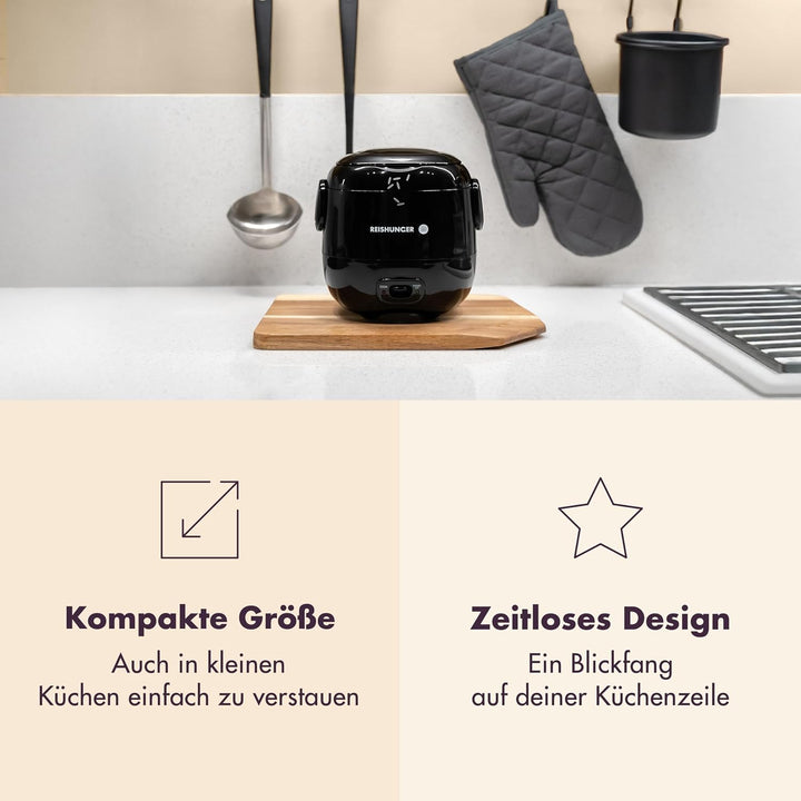 REISHUNGER Mini Reiskocher, schwarz | 0,3 L - 1-2 Portionen | hochwertige Keramikbeschichtung - Prem