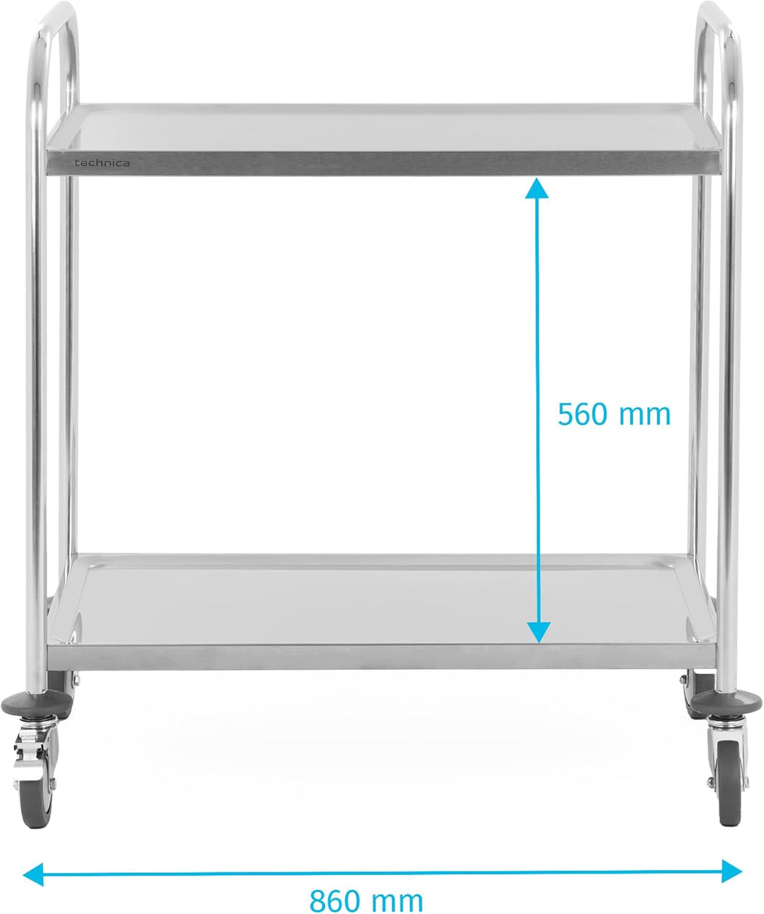 TECHNICA Servierwagen Edelstahl 2 Etagen mit Rollen & Bremse Rundgriff Schalldämmmatte 860x540x940mm