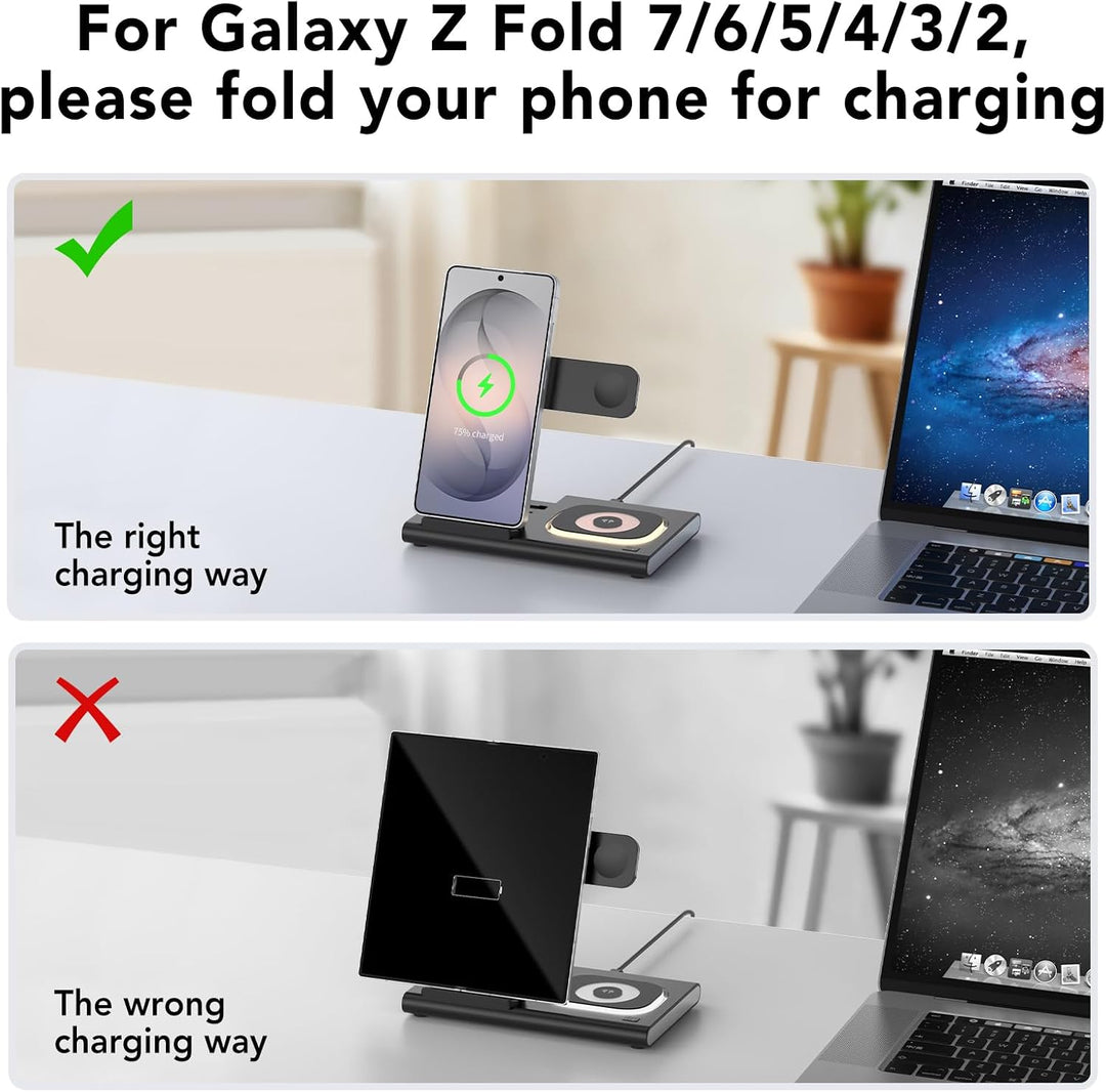 3 in 1 Ladestation für Samsung[Faltbar &amp; Nachtlicht], Induktive Ladestation für Samsung S26/S25/S24/