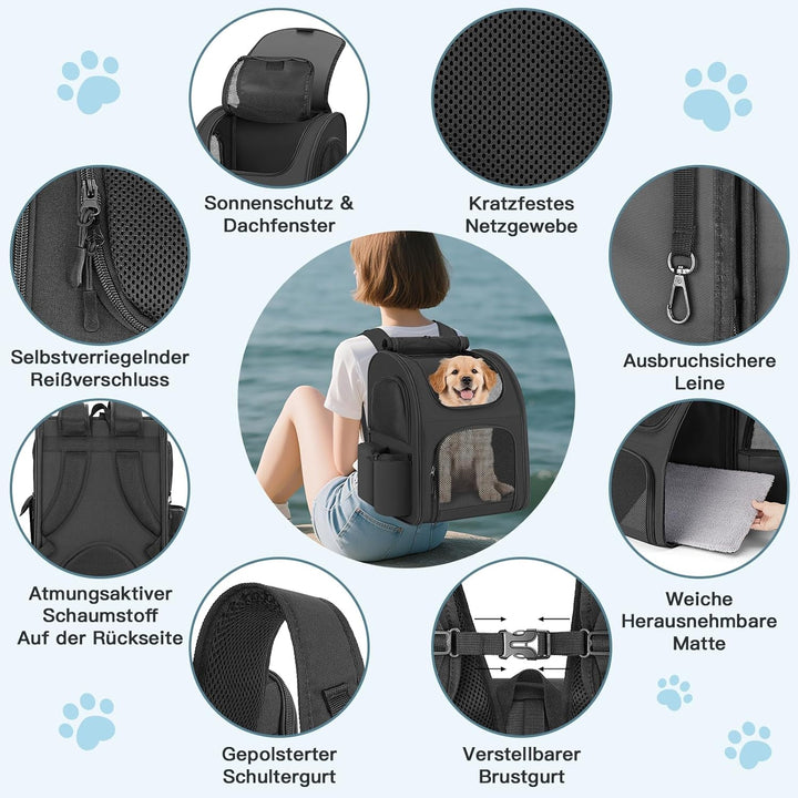 Hunderucksack bis 10kg, Haustier Rucksack mit Netzfenster, Faltbare Katzenrucksack Hunde Rucksack, A