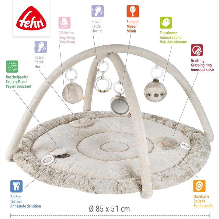 Fehn 3-D-Activity-Decke Faultier – Spielbogen mit 5 abnehmbaren Spielzeugen für Babys – Spiel & Spas