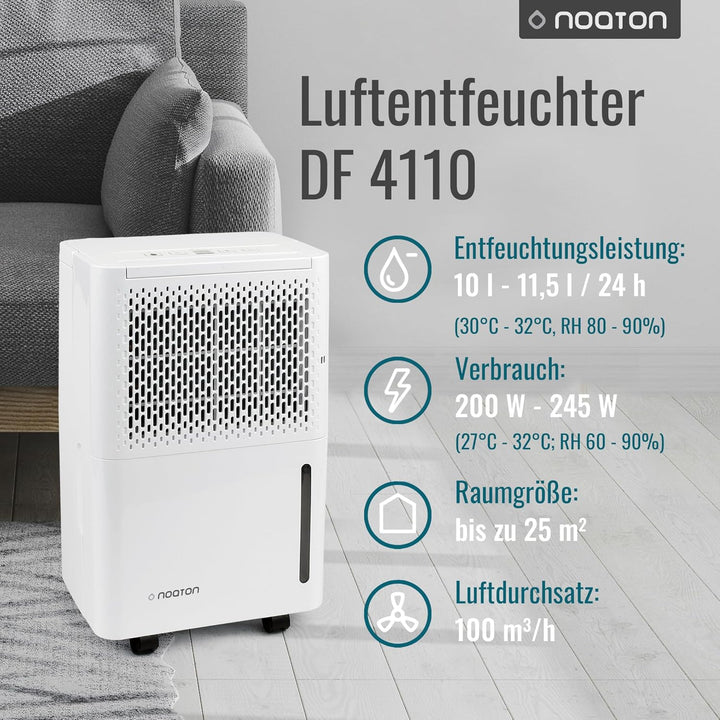 Noaton® DF 4110 Luftentfeuchter 11,5L/24h, Elektrischer Entfeuchter mit Ablaufschlauch, Automatische