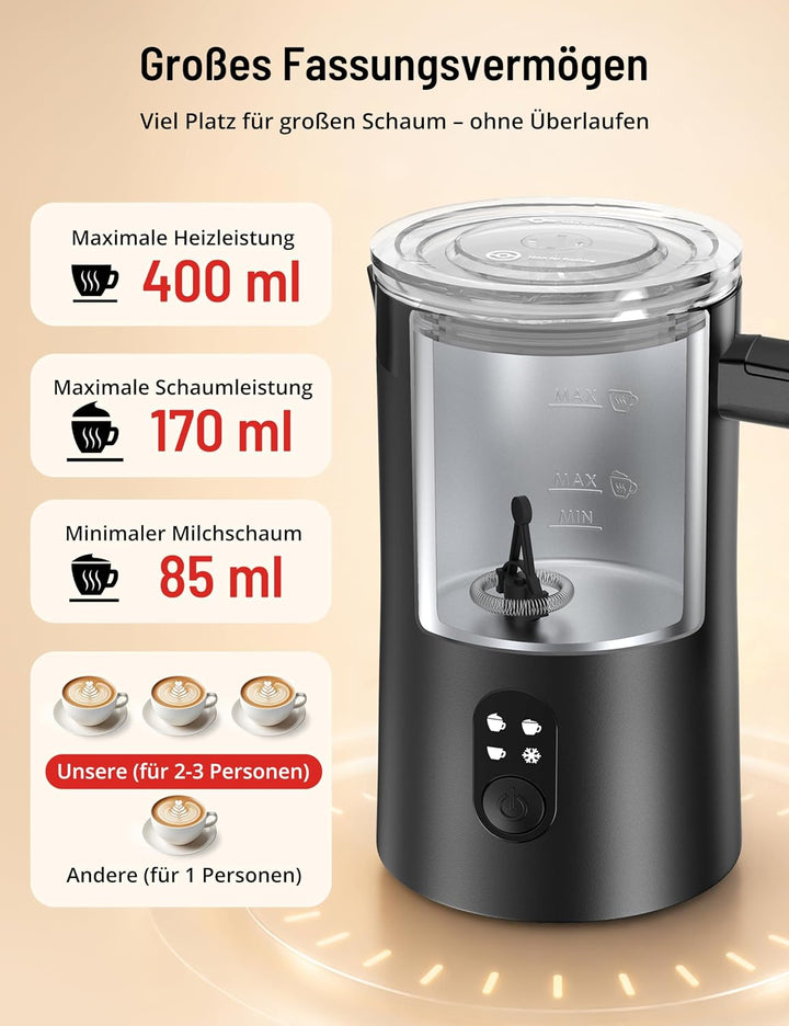PARIS RHÔNE Milchaufschäumer Elektrisch 400ml, 4-in-1 Milchschäumer Kalt- & Heissschaum für Latte, C