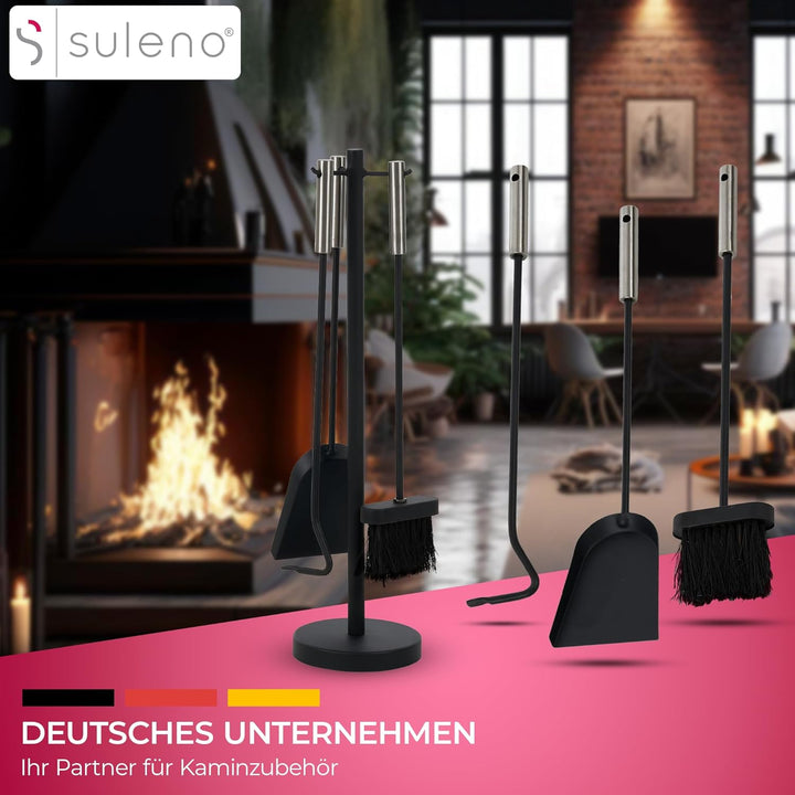 SULENO Kaminbesteck DUBLIN 4-teilig Kamingarnitur mit Ascheschaufel Besen Schürhaken, Kaminset & Hal