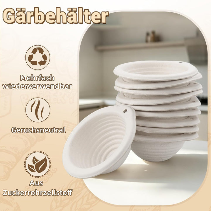 10er Set Runder Gärkorb Ø 15 x 6,5 cm aus Zellstoff | Mini Brotform mit 10 Leinentüchern | Backkorb
