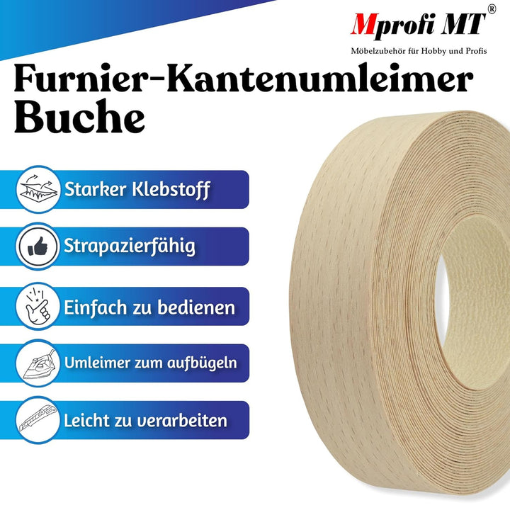 Mprofi MT® Kantenumleimer Buche | 22 mm x 5 m | Echtholz Furnier Kantenband | Bügelkantenumleimer fü