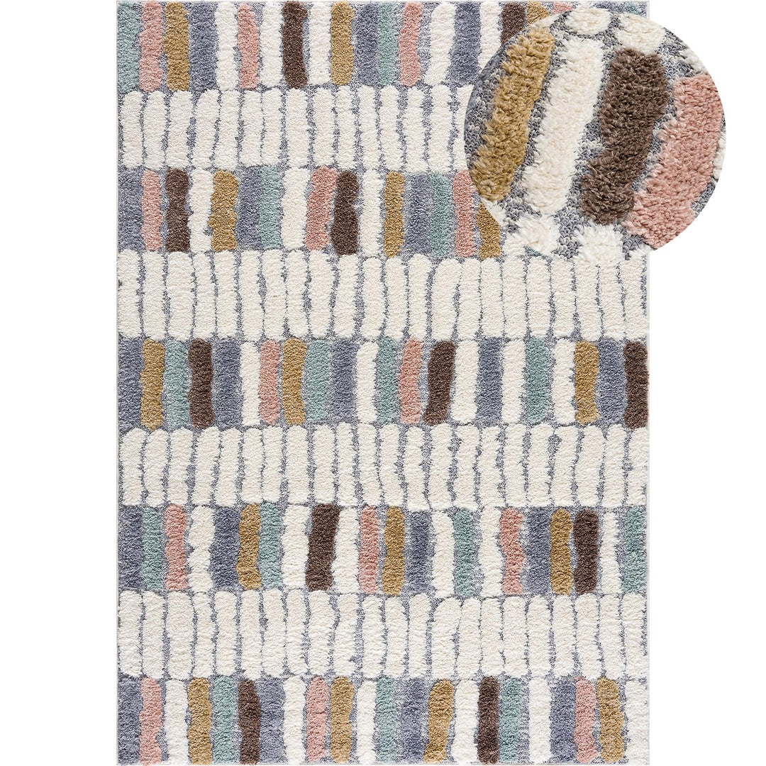payé Teppich Wohnzimmer - 140x200cm - Hochflor Flauschig Weich - Pastellfarben Multi - Boho Design -
