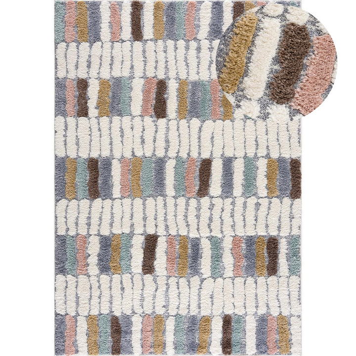 payé Teppich Wohnzimmer - 140x200cm - Hochflor Flauschig Weich - Pastellfarben Multi - Boho Design -