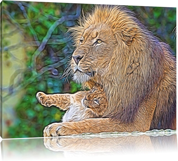 liebevoller Löwe mit Jungtier Deluxe Format: 100x70 cm auf Leinwand, XXL riesige Bilder fertig gerah
