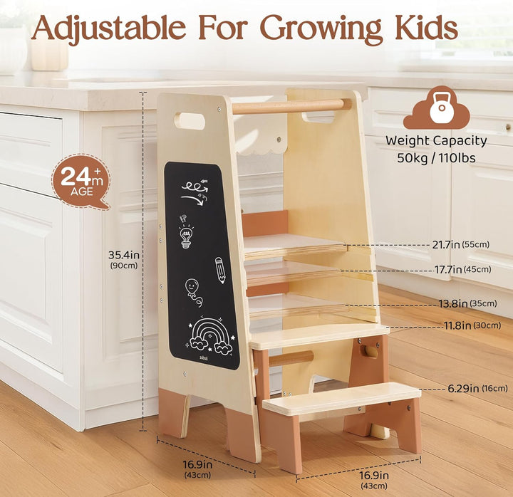 ROBUD Lernturm für Kleinkinder mit abnehmbarem Tritthocker, 2-in-1 Lernturm aus Holz mit Tafel, 3-fa