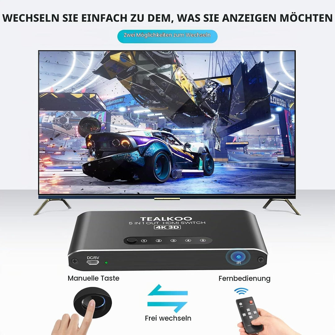 HDMI Splitter HDMI Switch, 4K Aliminium HDMI Switch 5 In 1 Out Automatisch HDMI Switcher mit Fernbed