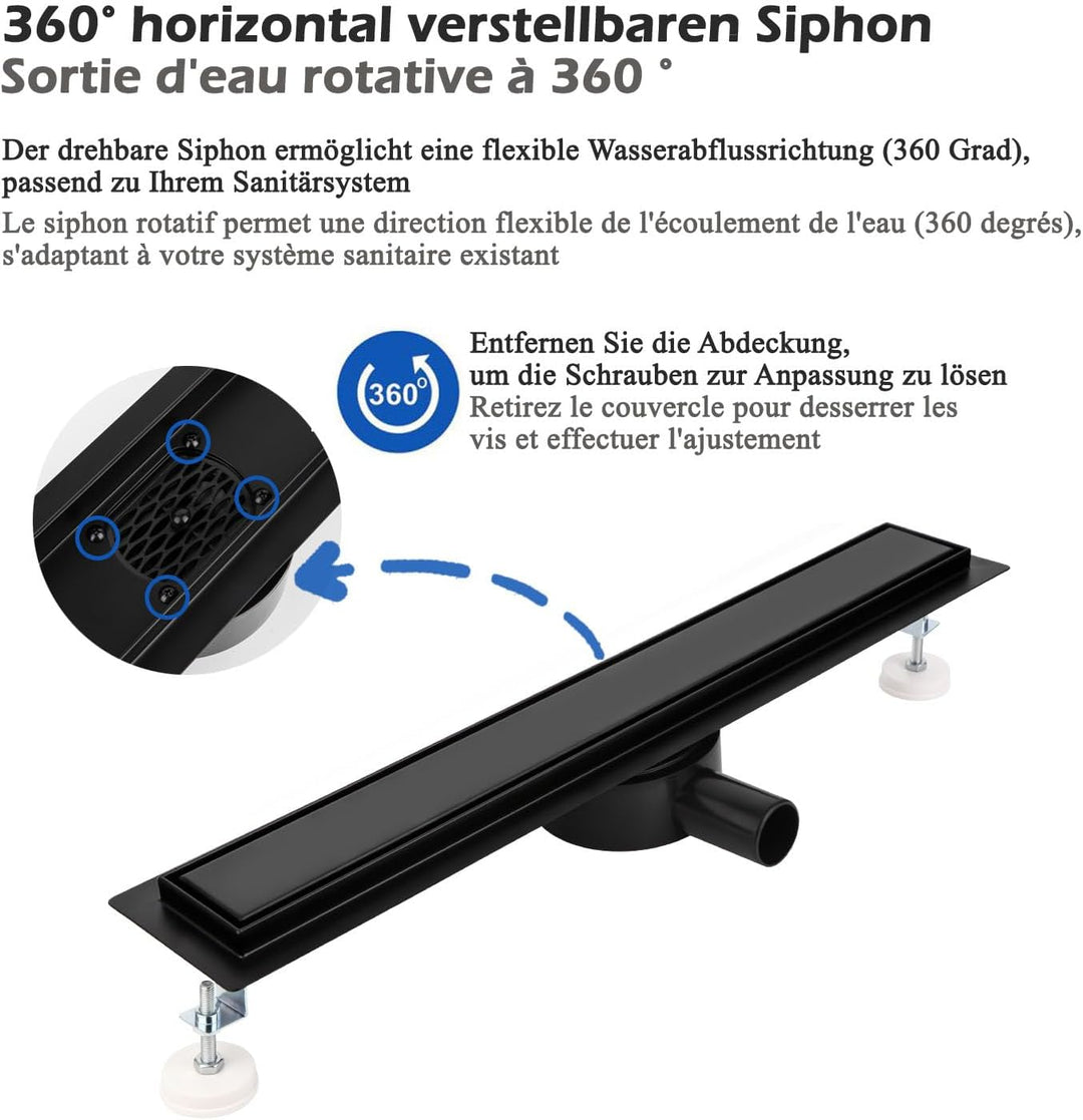 Duschrinne 30 cm Komplettset Schwarz, Edelstahl Ablaufrinne, Extra flache befliesbare Duschrinne mit