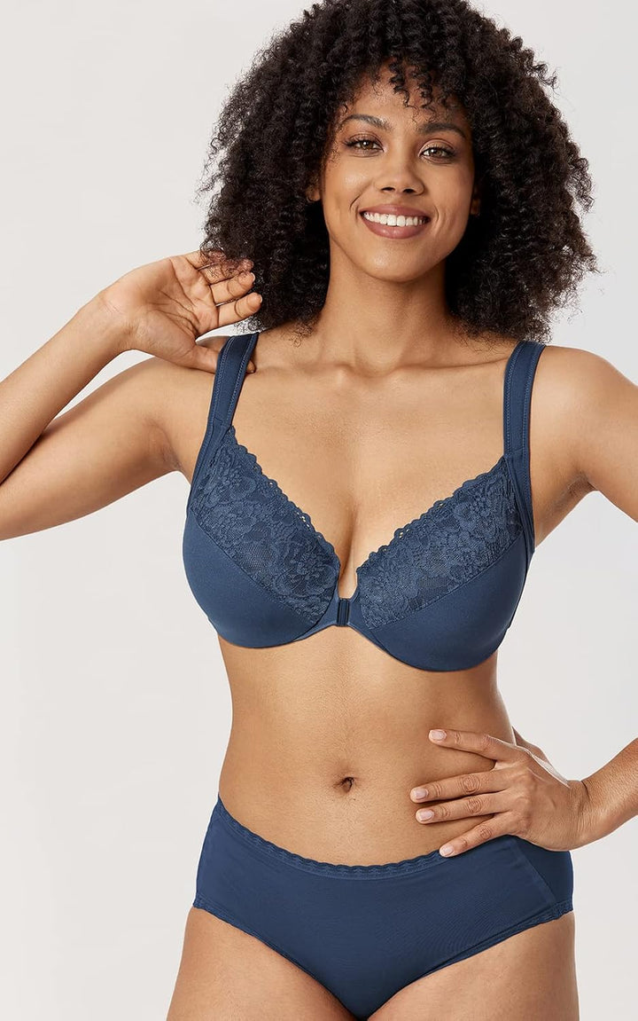 DELIMIRA Damen Vorderverschluss BH mit Bügel BHS Grosse Brüste Starker Halt Soft Spitzen U-Rücken Un