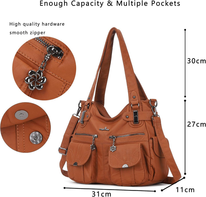 Angelkiss Damen Handtasche Grosse Doppelreissverschluss Multi Pocket Washed Schultertasche Designer-