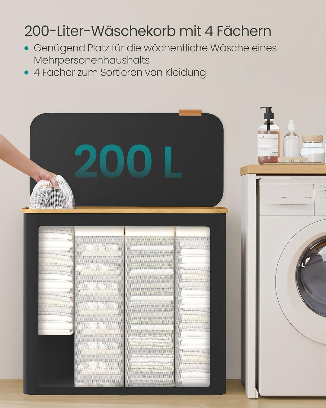 SONGMICS Wäschekorb mit Deckel, Wäschesammler mit 4 Fächern, 200 L, herausnehmbarer Wäschesack, Oxfo