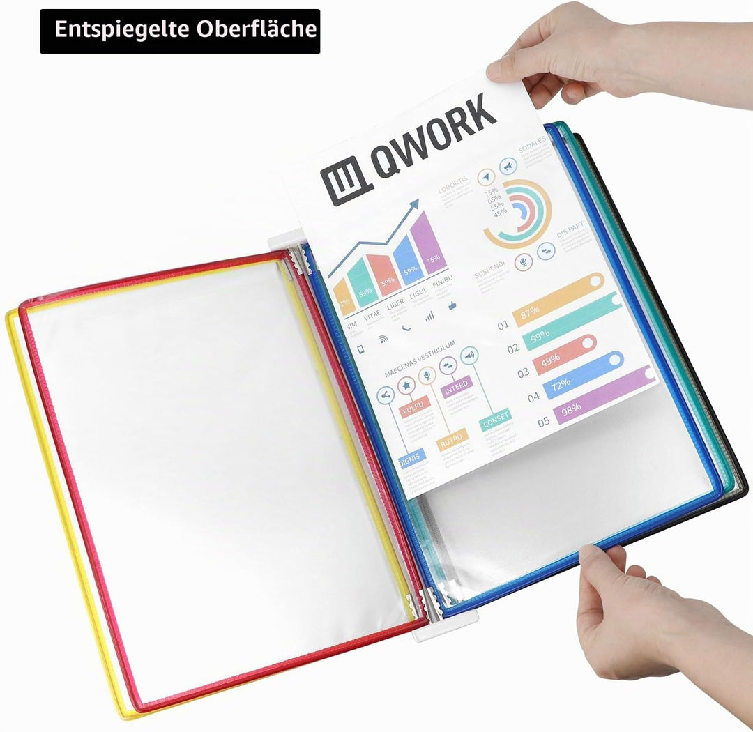 QWORK® Wand Sichttafelsystem - 5 X Sichttafeln A4 - Mehrfarbig Dokumentenhalter für Messehallen, Res