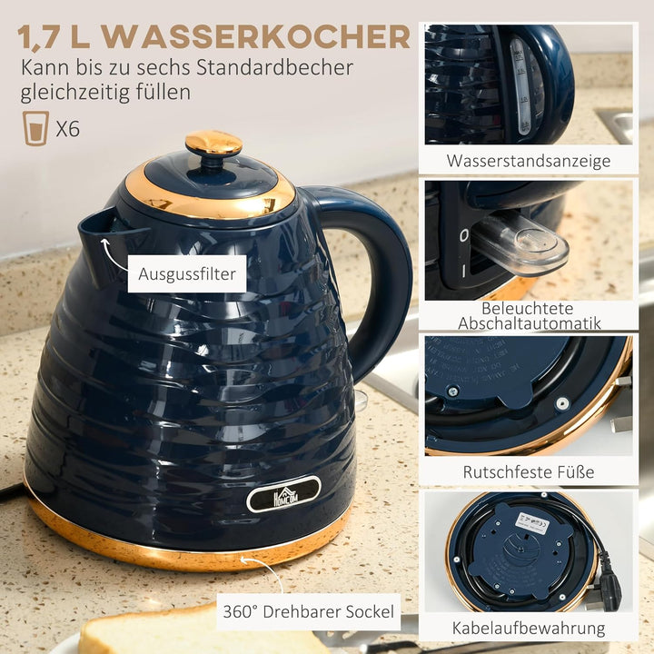 HOMCOM Wasserkocher Toaster Set Frühstück-Set mit 1,7L Wasserkocher, 4 Scheiben Toaster, 2200 W, 7 B