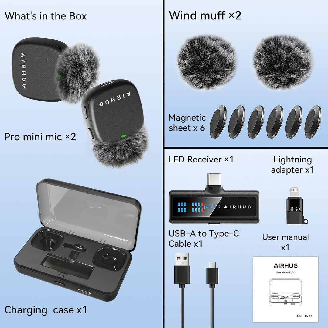 AIRHUG Kabelloses Lavalier-Mikrofon für iPhone/Android/PC, 60H Akku, 48KHz 24Bit, Plug-Play Lightnin