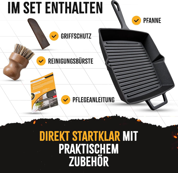 Grillpfanne Gusseisen 26 cm emailliert, voreingebrannt [Kein Einbrennen erforderlich], Steakpfanne g