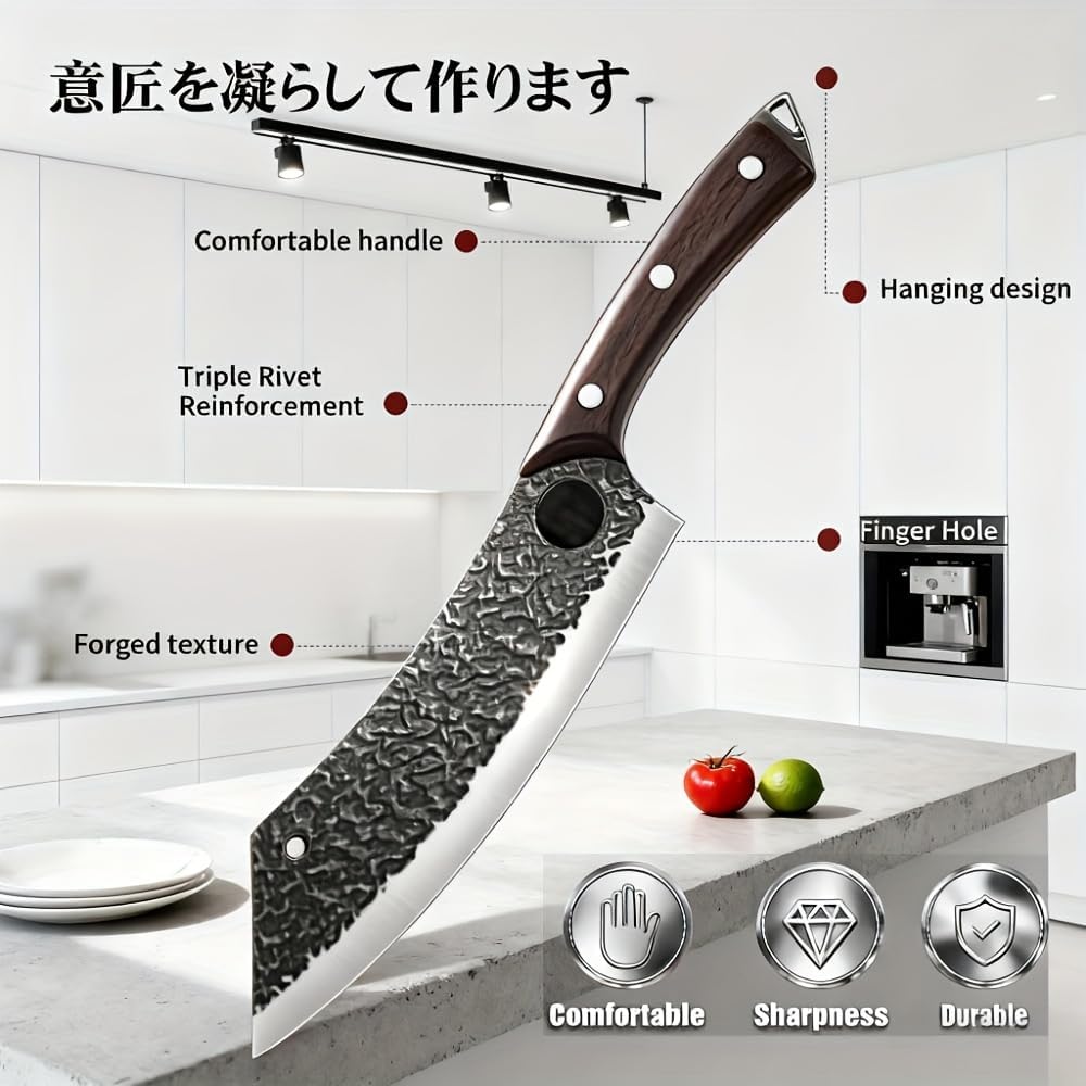 3-Piece Hand-Forged Kitchen Knife Set with Leather Sheaths - Sharp Chef, Cleaver &amp; Boning Knives for