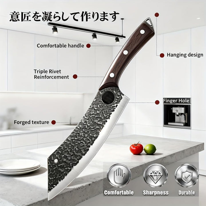 3-Piece Hand-Forged Kitchen Knife Set with Leather Sheaths - Sharp Chef, Cleaver &amp; Boning Knives for