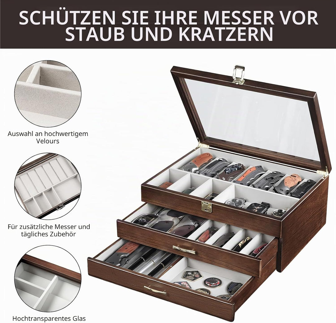 3-stöckige Messerhalter, Holz Messerständer für 17–23 Taschenmesser-Vitrine, Taschenmesser-Sammlung