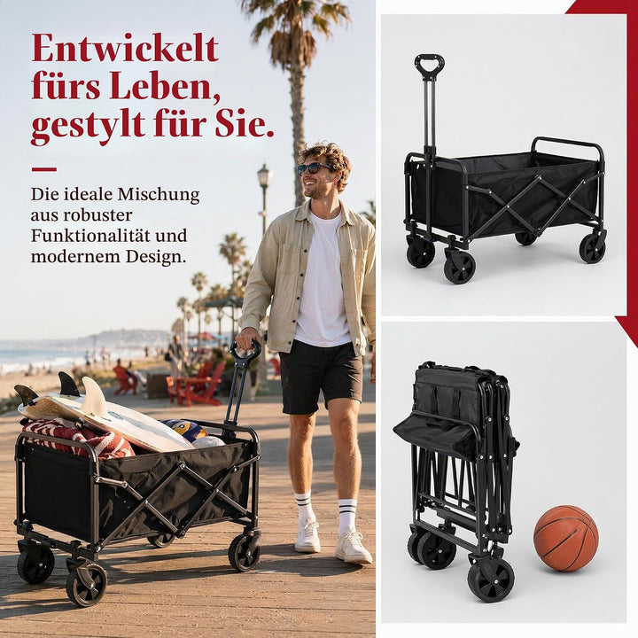 Bollerwagen Faltbar 100L 150KG Tragkraft, 360°-Schwenkbare All-Terrain-Räder &amp; Verstellbarer Griff,