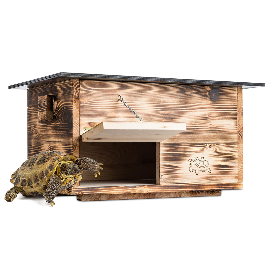 Premium Schildkrötenhaus (SH1) Gebrannt aus 20mm starken Vollholz - Wetterfest mit Boden und Tür inc