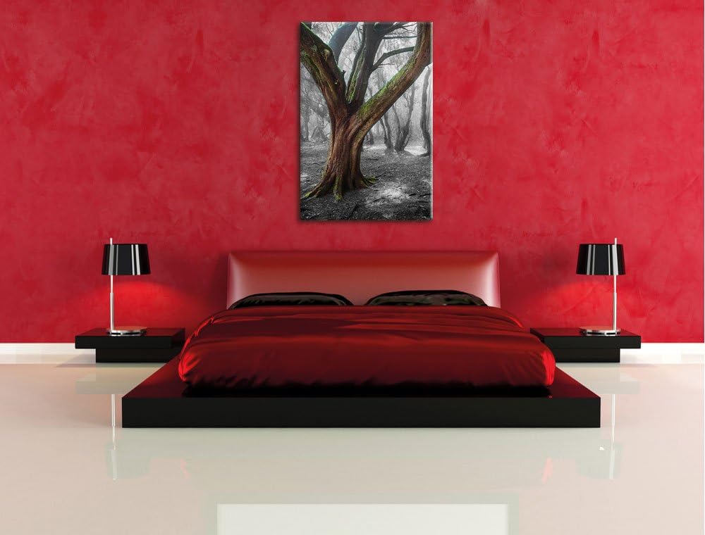 Pixxprint einsamer Baum in tristem Grau / 100x70cm Leinwandbild bespannt auf Holzrahmen/Wandbild Kun