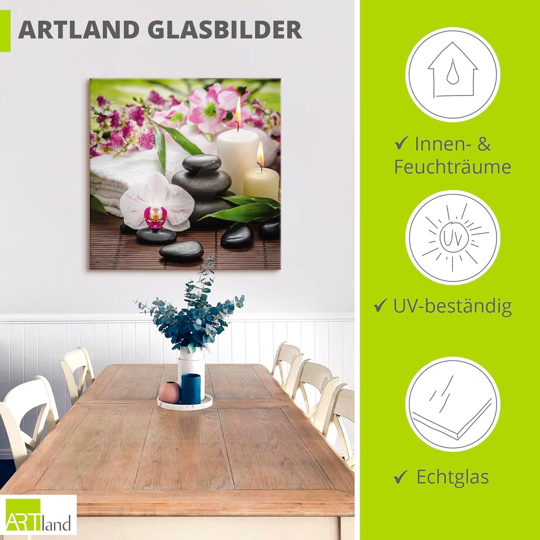 ARTland Glasbilder Wandbild Glas Bild einteilig 40x40 cm Quadratisch Wellness Zen Steine Spa Orchide