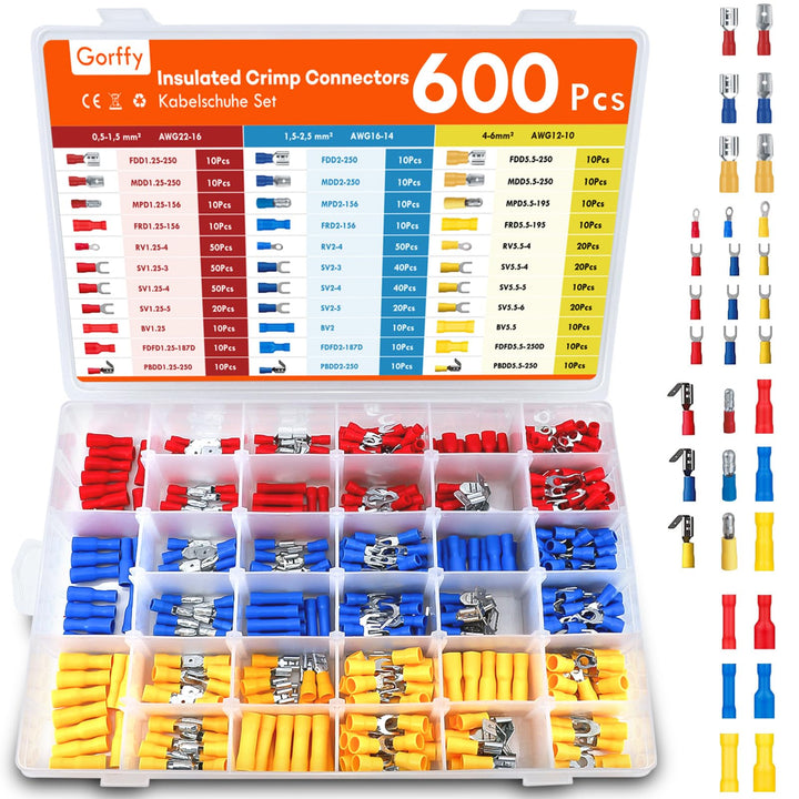Gorffy Kabelschuhe 600 Pcs, Sortiment Kabelschuhe Set 0,5-6,0mm², Kabelschuhe Flachstecker Isoliert,