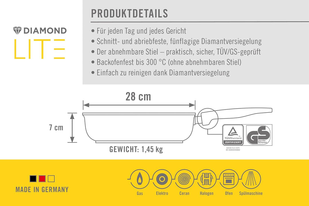 Woll – Diamond Lite Hochrandpfanne Ø 28 cm mit abnehmbarem Stiel – Antihaftpfanne aus Aluminiumguss,