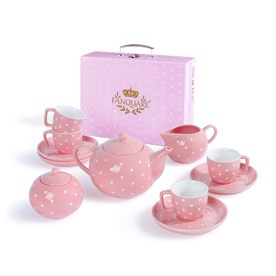 fanquare 12-teilig Porzellan Teeservice für Erwachsene, Mädchen, Rosa Polka Dot Tee Party Set mit Ta