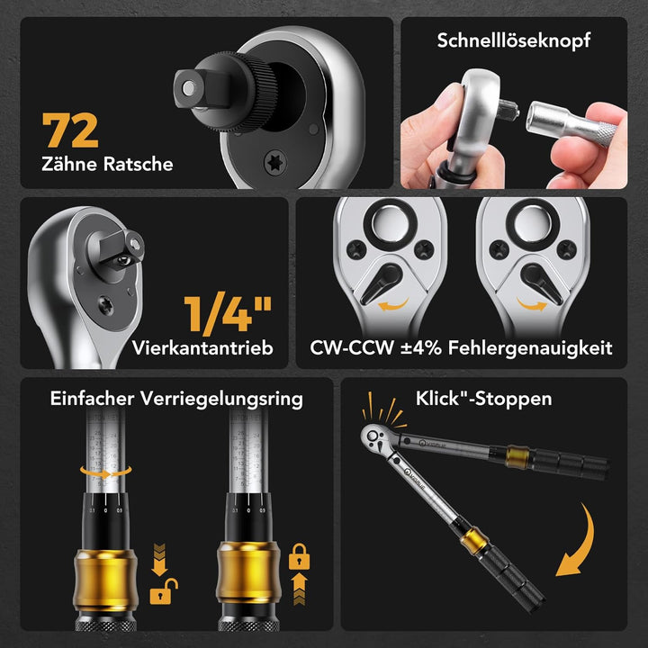 VIGRUE Drehmomentschlüssel 1/4", Drehmomentschlüssel Fahrrad Set 5–25 Nm ±4% Genauigkeit mit Verläng