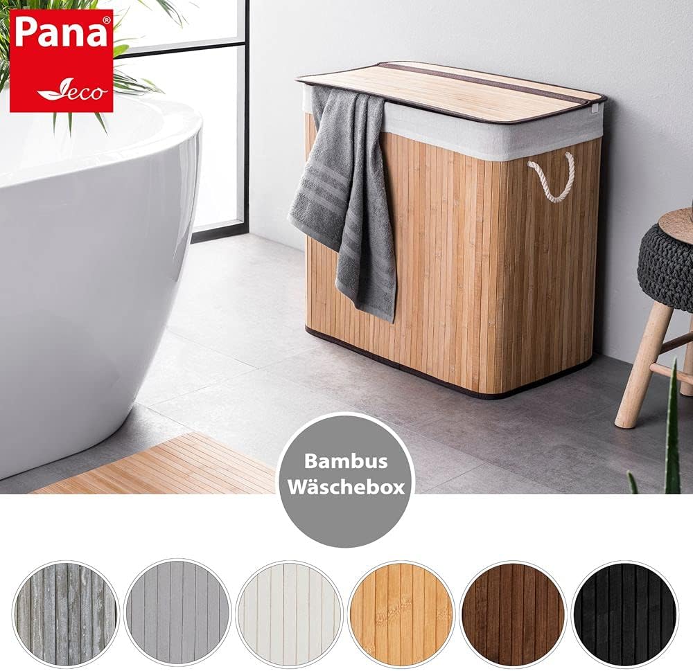 PANA®ECO Bambus Wäschekorb mit Deckel (150 L) • Wäschebox mit herausnehmbaren Wäschesack • Faltbarer