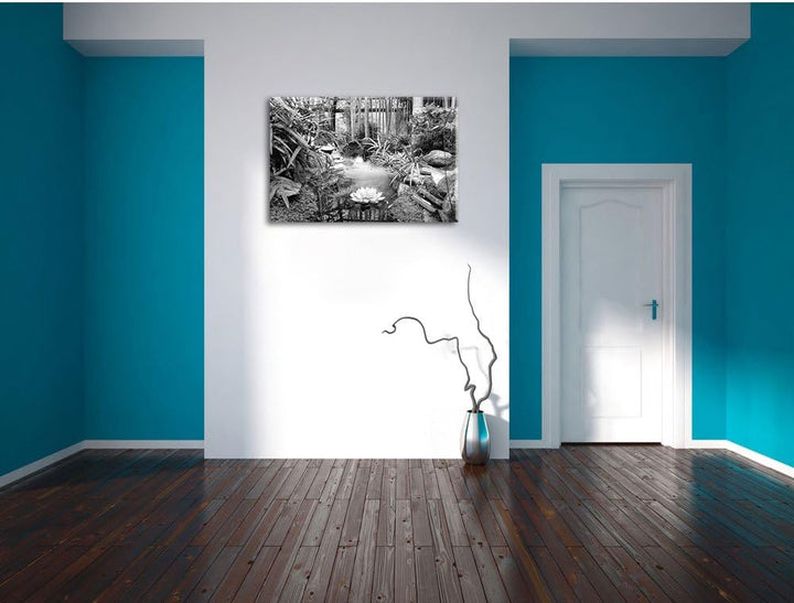 Pixxprint Zen Garten Japan Kunst B&W / 100x70cm Leinwandbild bespannt auf Holzrahmen/Wandbild Kunstd